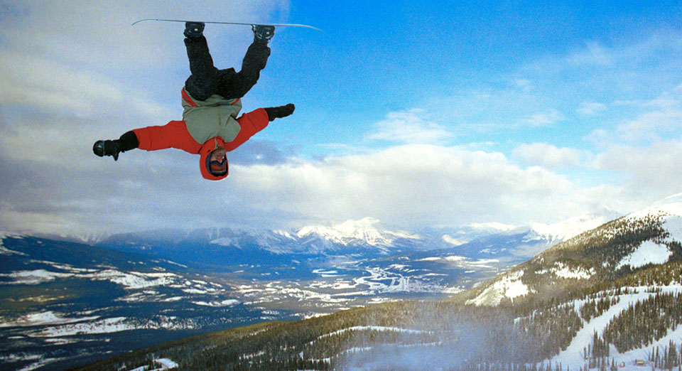 Snowboarder Upside Down at  Marmot Basin in Canada